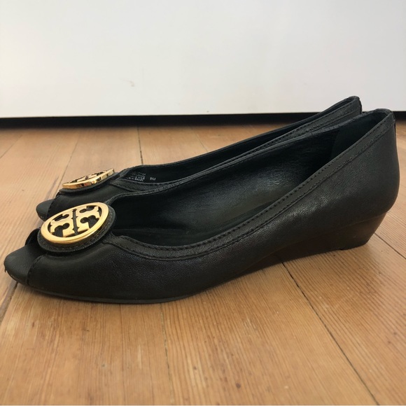 Tory Burch Black Wedges with Gold Accents - Picture 1 of 12